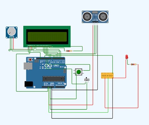 Schematic diagram showing an Arduino connected to an LED and a push button.