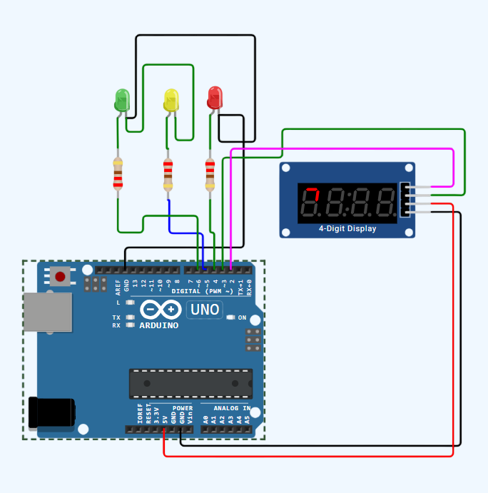 Schematic diagram showing an Arduino connected to an LED and a push button.