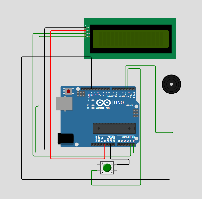 Schematic diagram showing an Arduino connected to an LED and a push button.