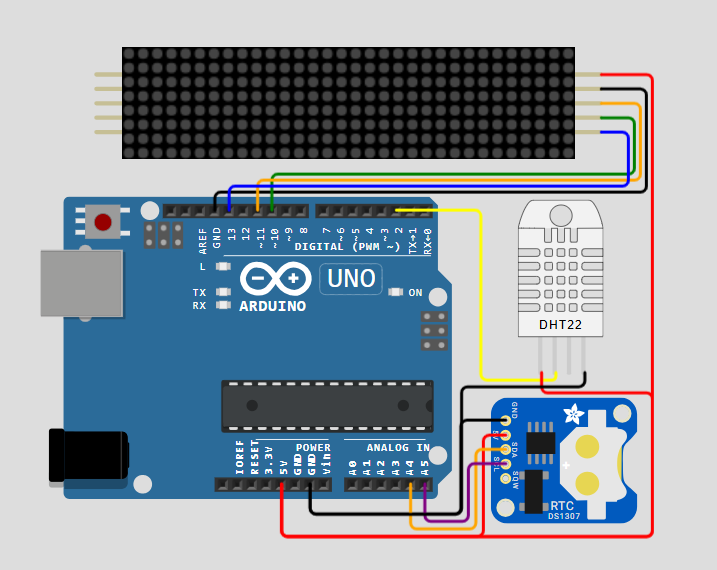Schematic diagram showing an Arduino connected to an LED and a push button.