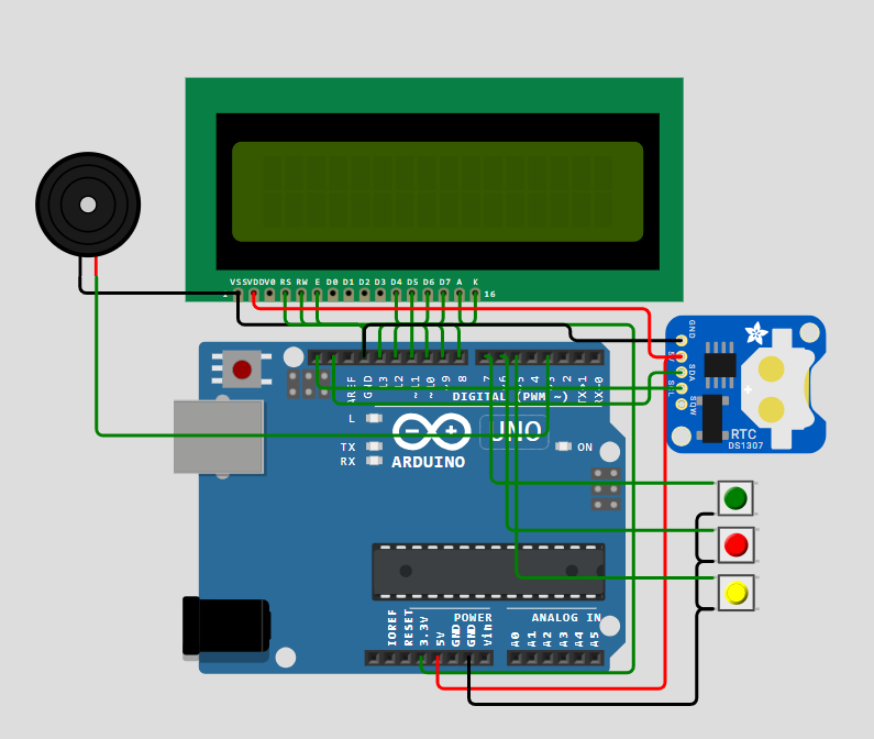 Schematic diagram showing an Arduino connected to an LED and a push button.